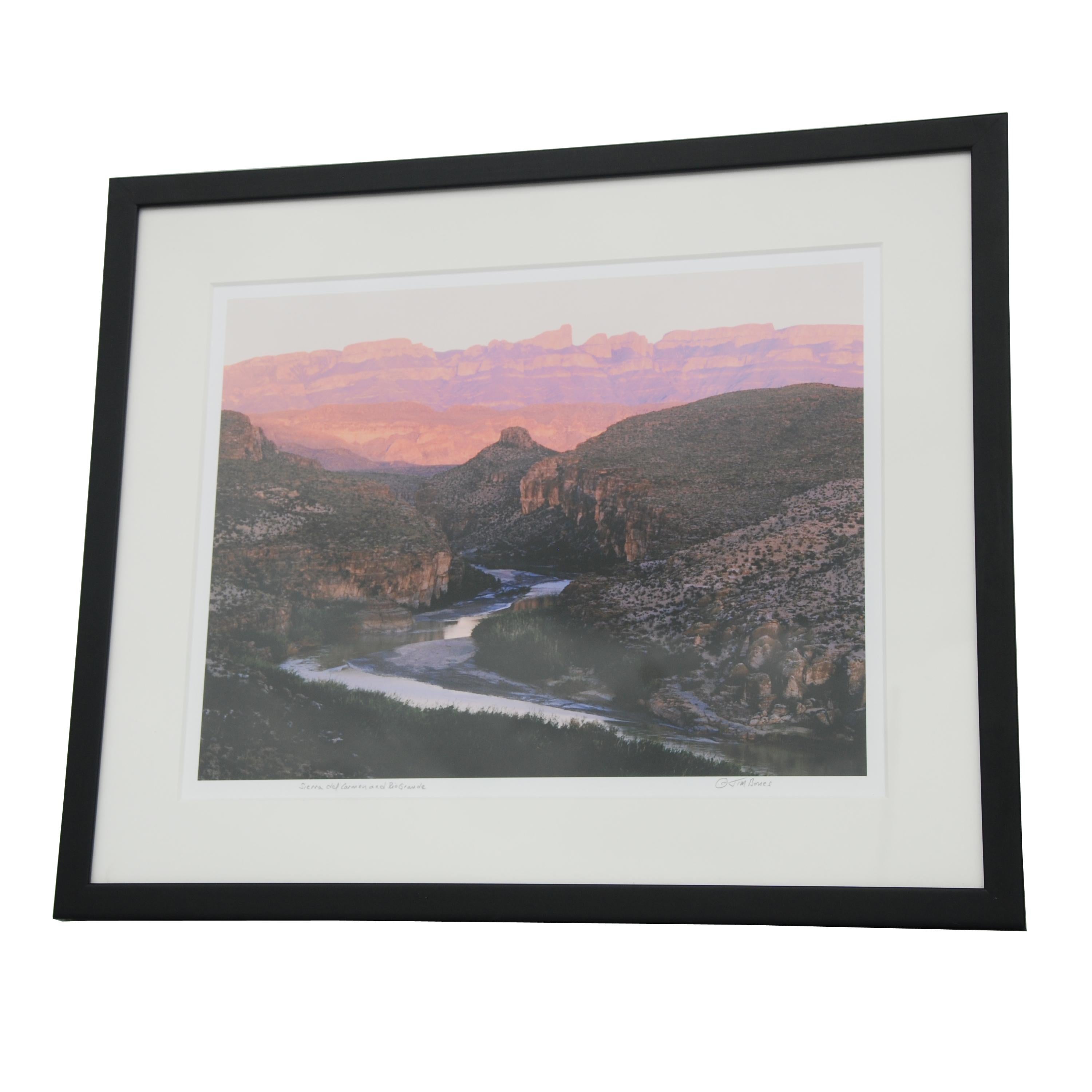 Original photograph, signed by Jim Bones. Photo depicts a gorgeous view of Sierra del Carmen in Mexico, as the Rio Grande runs through it. Titled 