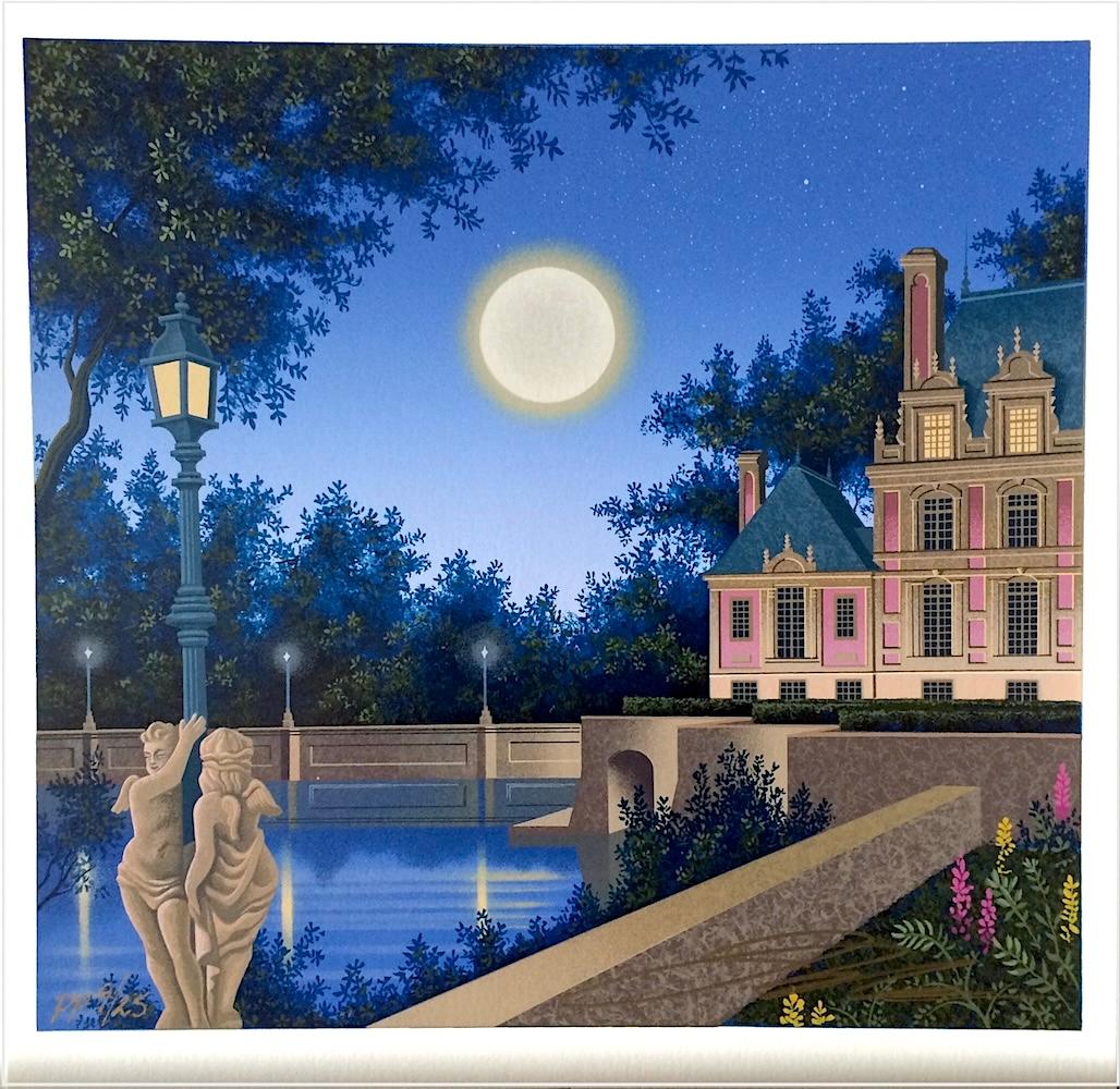AURORA'S GARLAND Serigrafía firmada, Paisaje arquitectónico, Luna, Poste de luz - Print de Jim Buckels