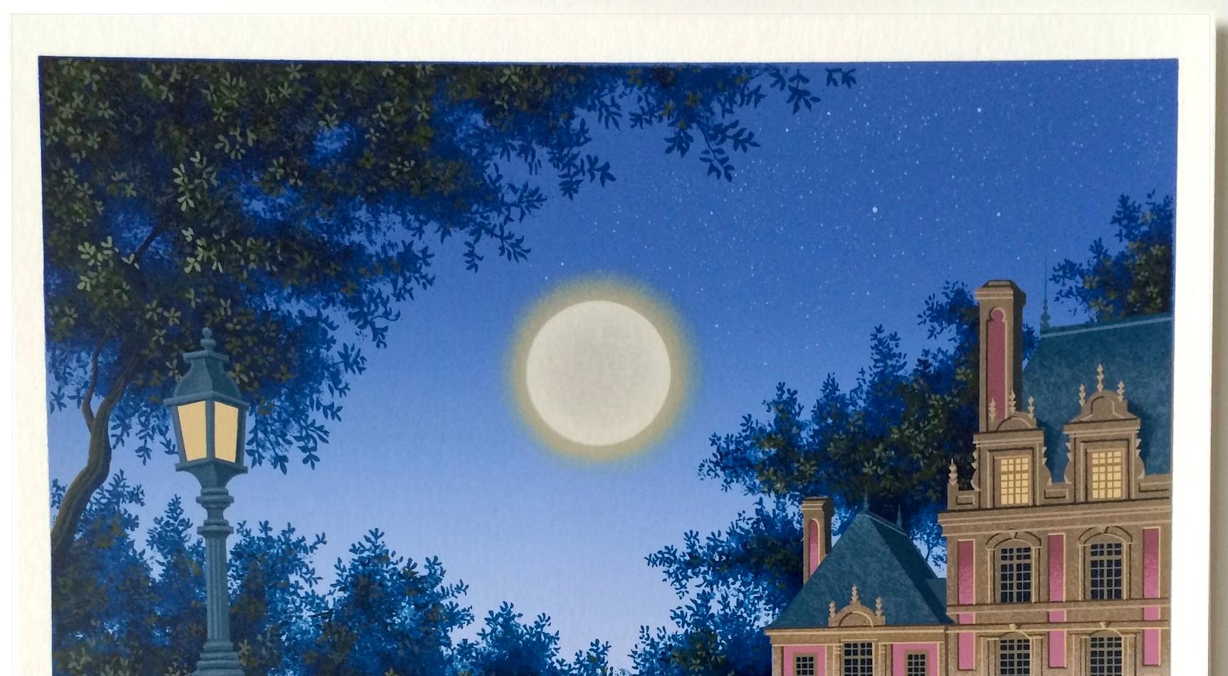 AURORA'S GARLAND Serigrafía firmada, Paisaje arquitectónico, Luna, Poste de luz en venta 2