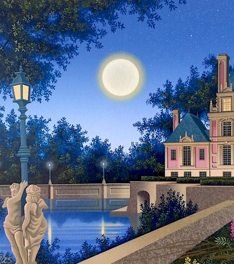 AURORA'S GARLAND Serigrafía firmada, Paisaje arquitectónico, Luna, Poste de luz - Landscape Print Azul de Jim Buckels