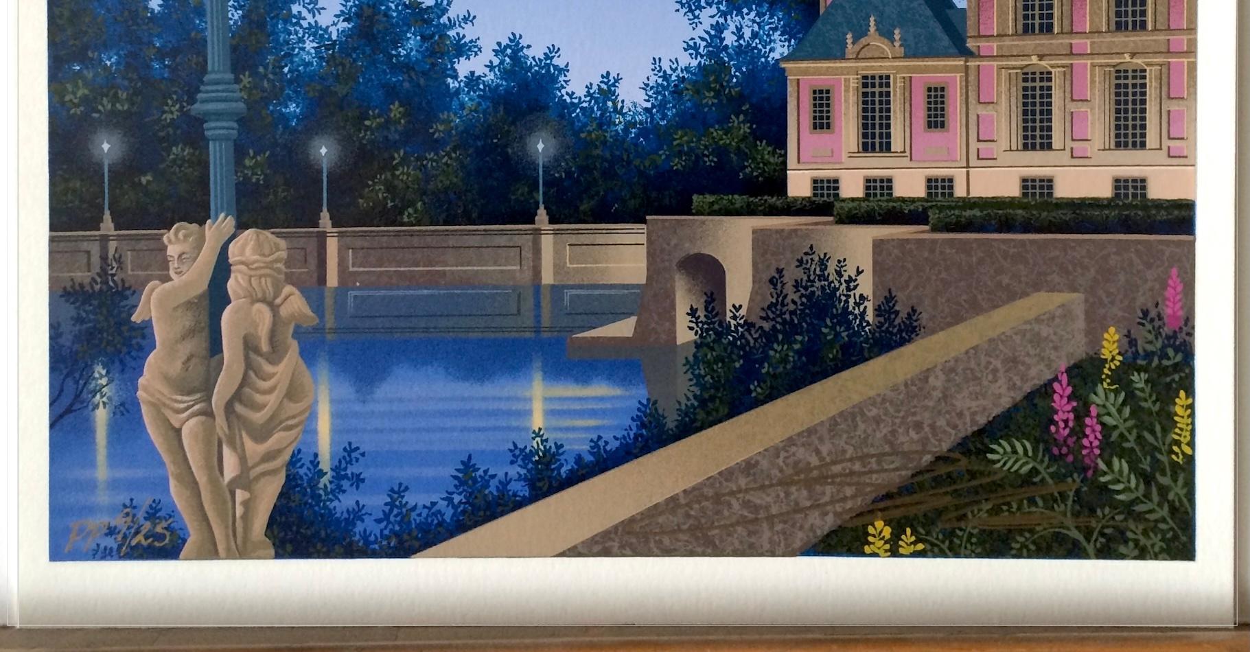 AURORA'S GARLAND Serigrafía firmada, Paisaje arquitectónico, Luna, Poste de luz en venta 3