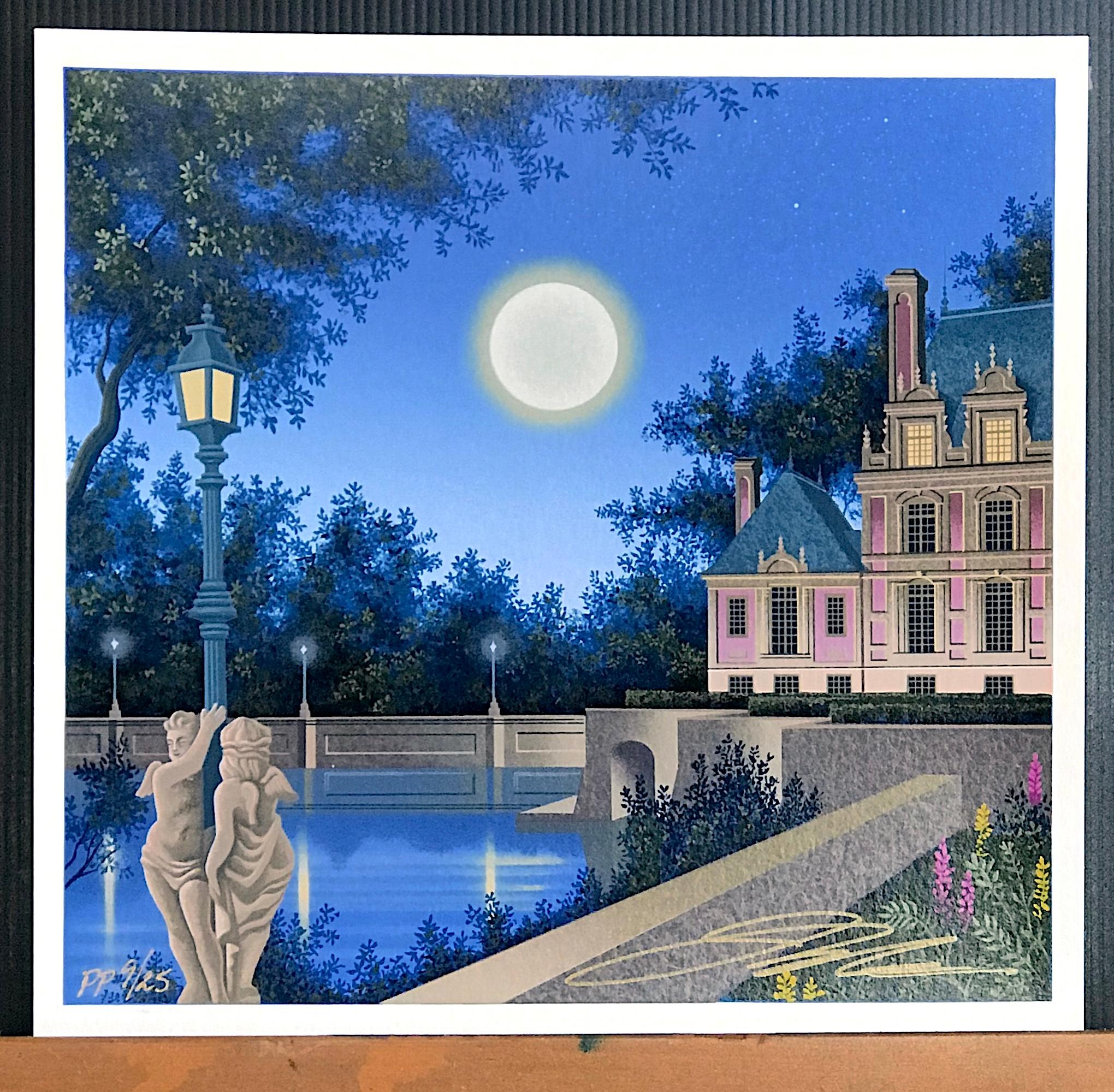 AURORA'S GARLAND Signed Serigraph, Architectural Landscape, Moon, Lamp Post For Sale 1
