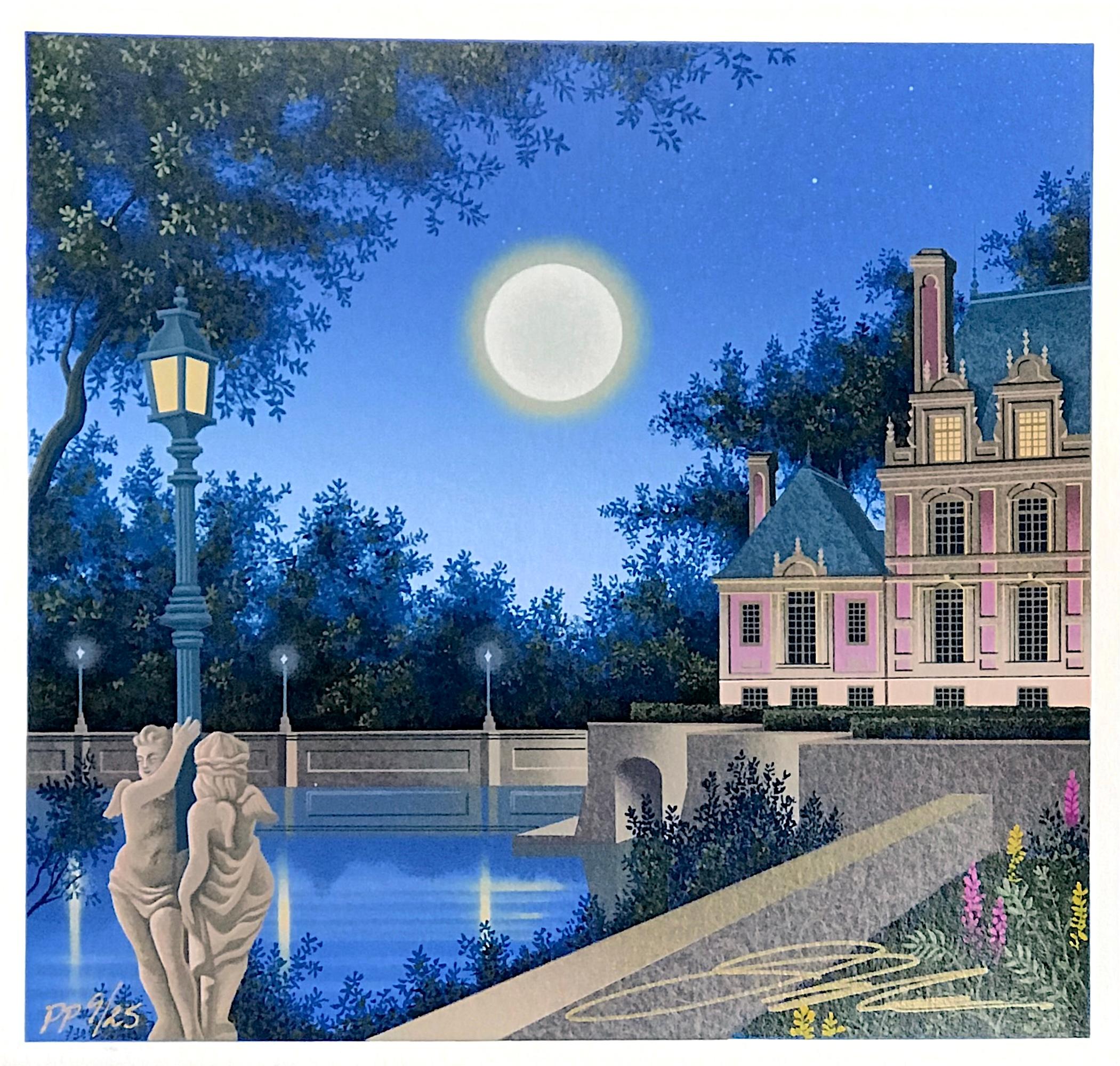 Jim Buckels Landscape Print - AURORA'S GARLAND Signed Serigraph, Architectural Landscape, Moon, Lamp Post