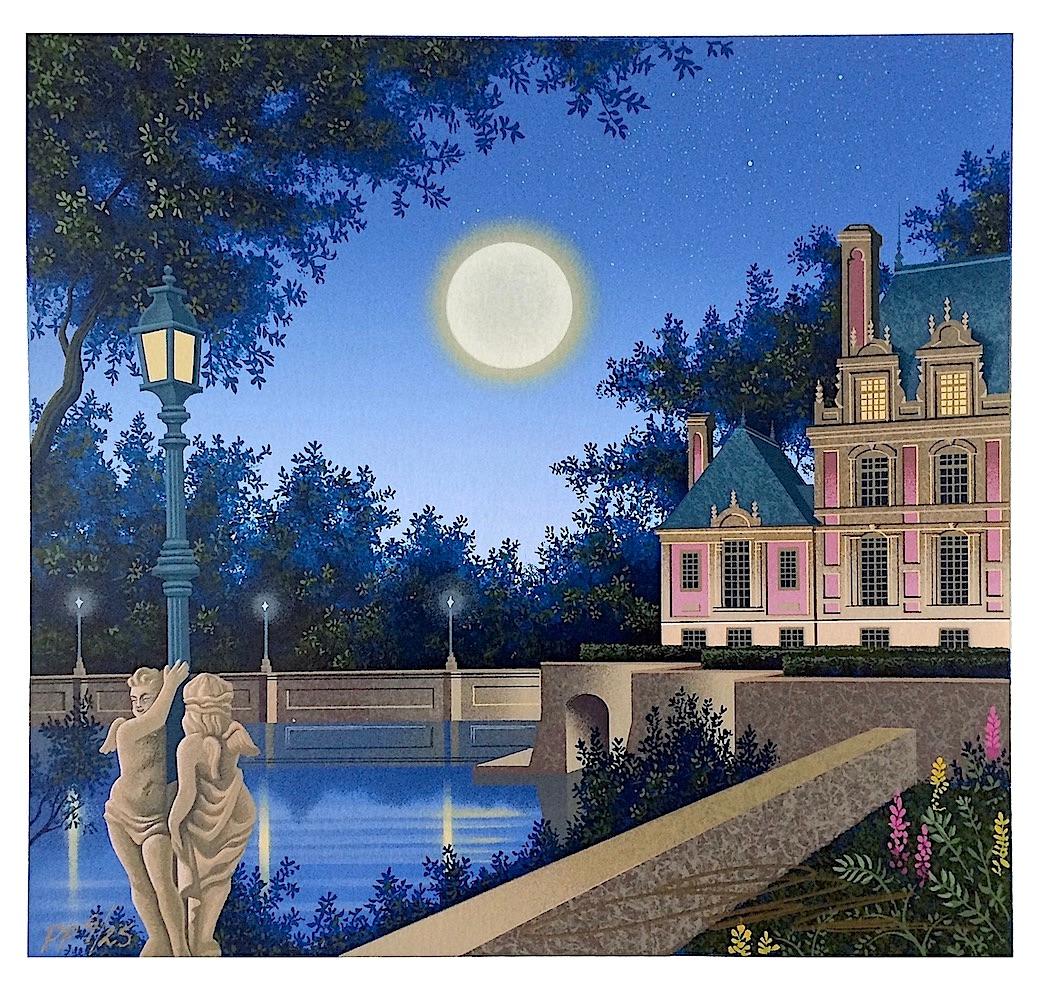 Landscape Print de Jim Buckels - AURORA'S GARLAND Serigrafía firmada, Paisaje arquitectónico, Luna, Poste de luz