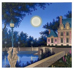 AURORA'S GARLAND Signed Serigraph, Châteauesque Architectural Landscape, Moon