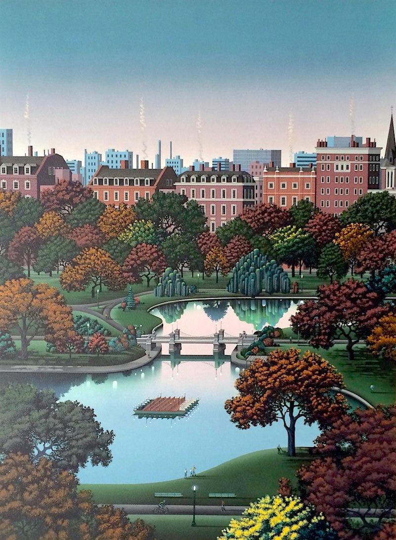 Jim Buckels Landscape Print - BOSTON PUBLIC GARDEN, Signed Hand Made Lithograph, Architectural Landscape