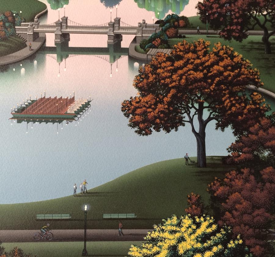 BOSTON PUBLIC GARDEN, Signed Hand Made Lithograph, Architectural Landscape - Gray Landscape Print by Jim Buckels