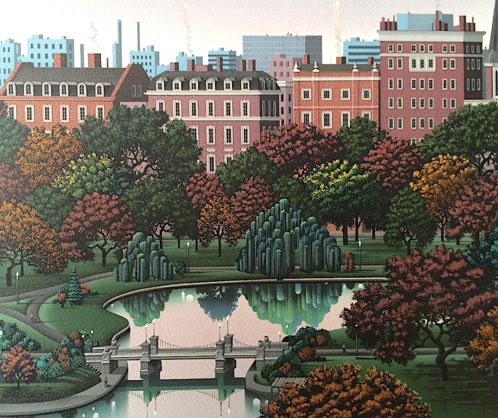 BOSTON PUBLIC GARDEN, Signed Hand Made Lithograph, Architectural Landscape - Contemporary Print by Jim Buckels