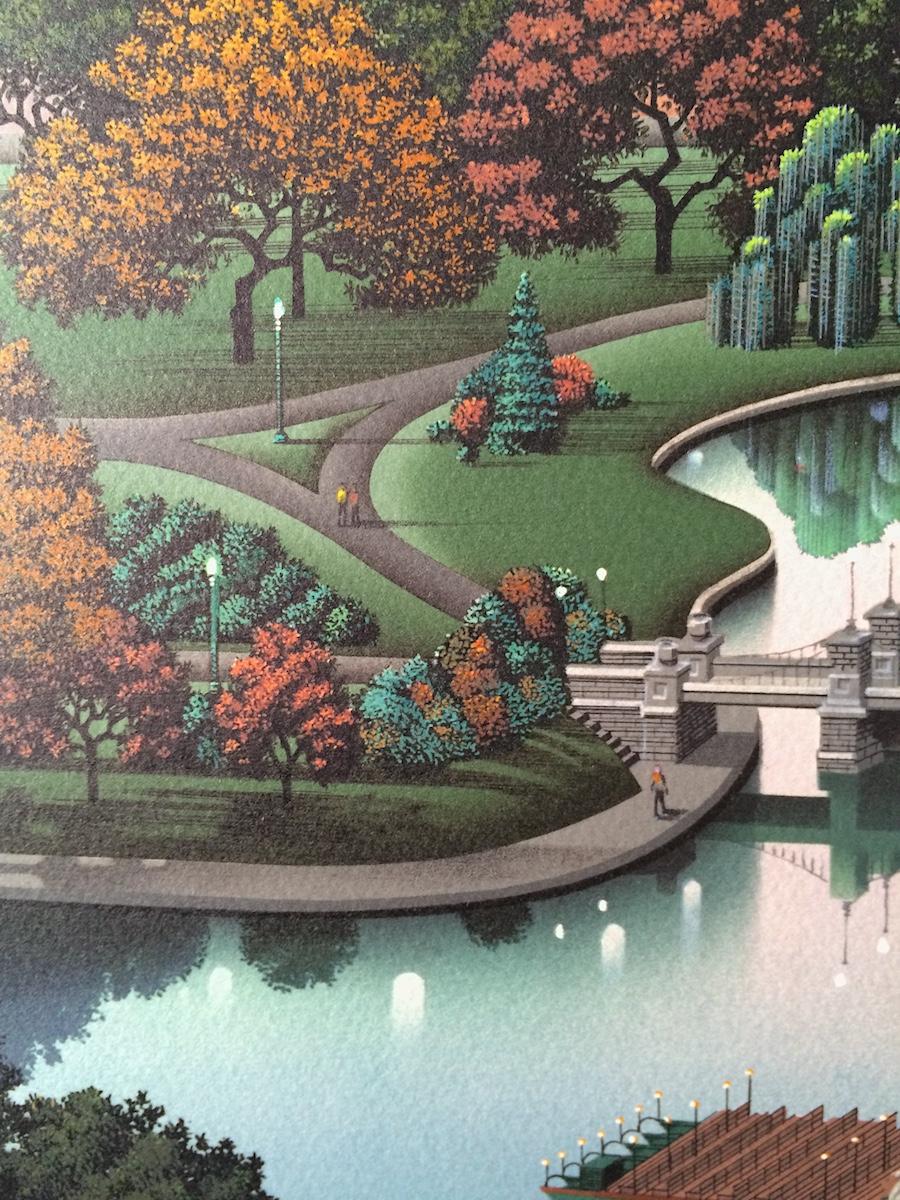 The limited edition lithograph BOSTON PUBLIC GARDEN is a stylized architectural landscape that combines the real and the surreal. Created in 1990 by the Iowa born artist Jim Buckels(b.1948) known for his dream-like images, rendered in a meticulous,