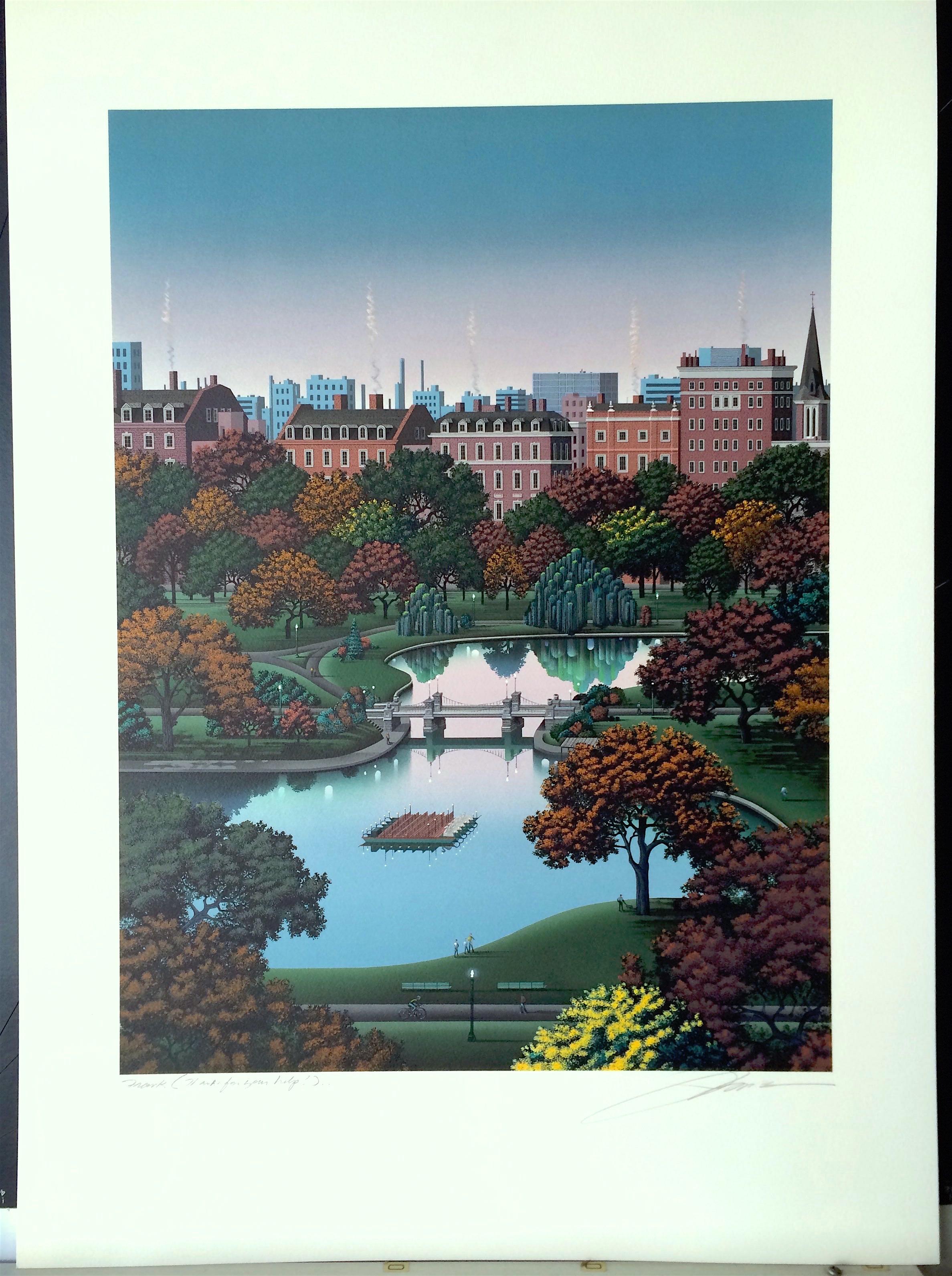 BOSTON PUBLIC GARDEN, Signed Hand Made Lithograph, Architectural Landscape 4
