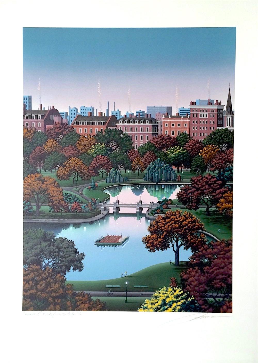 BOSTON PUBLIC GARDEN, Signed Hand Made Lithograph, Architectural Landscape - Print by Jim Buckels