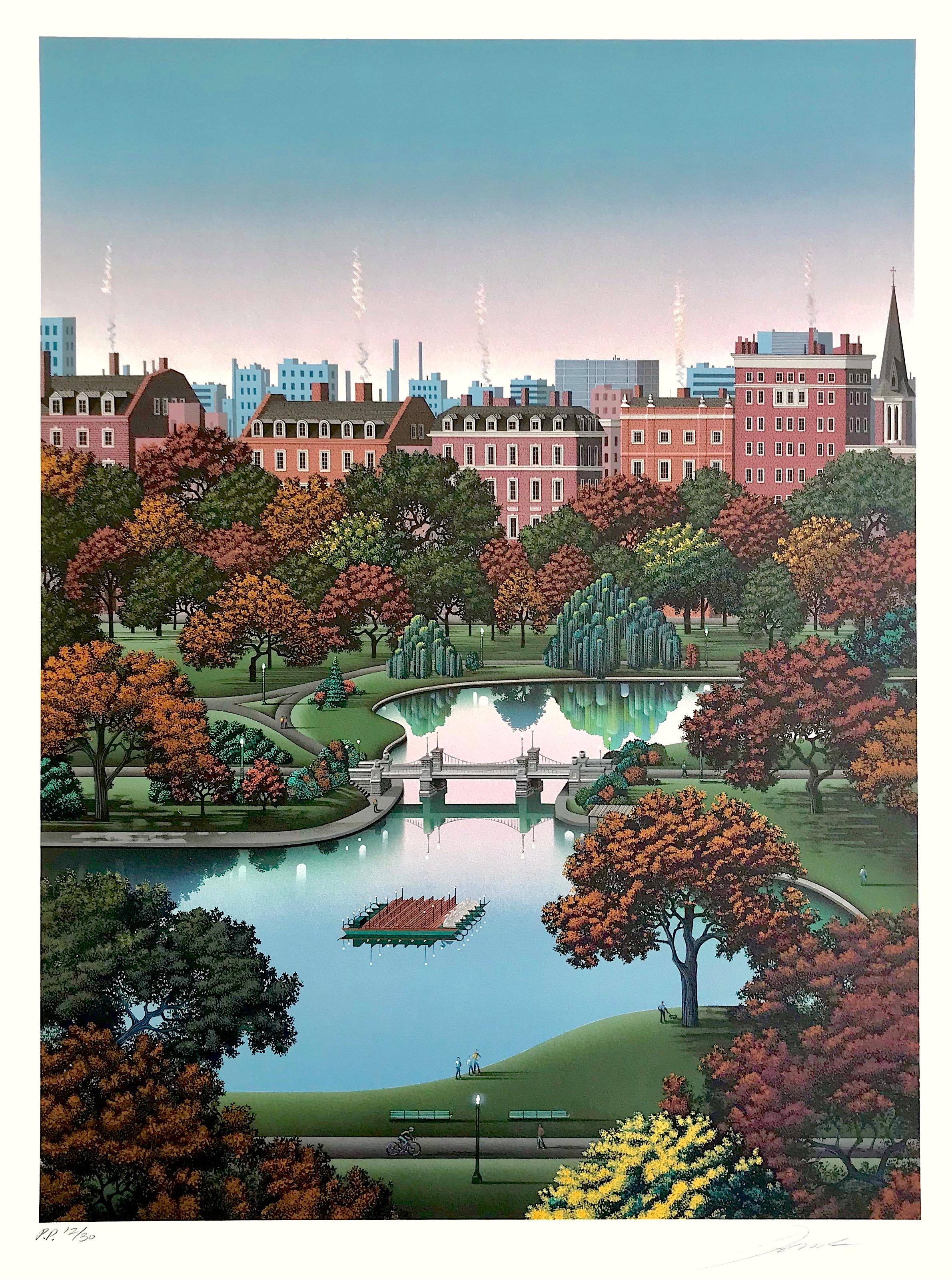 Jim Buckels Landscape Print - BOSTON PUBLIC GARDEN Signed Lithograph Boston Park Landscape, Swan Boat