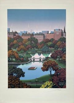 JARDÍN PÚBLICO DE BOSTON Litografía firmada, Parque de Boston, follaje otoñal, barco cisne