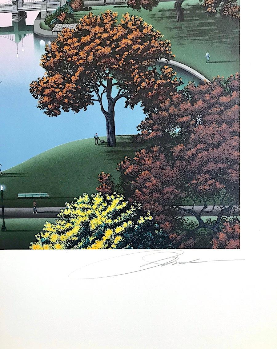 The limited edition lithograph BOSTON PUBLIC GARDEN is a stylized Boston park landscape scene that combines the real and the surreal. Created in 1990 by the Iowa born artist Jim Buckels(b.1948) known for his dream-like images, rendered in a