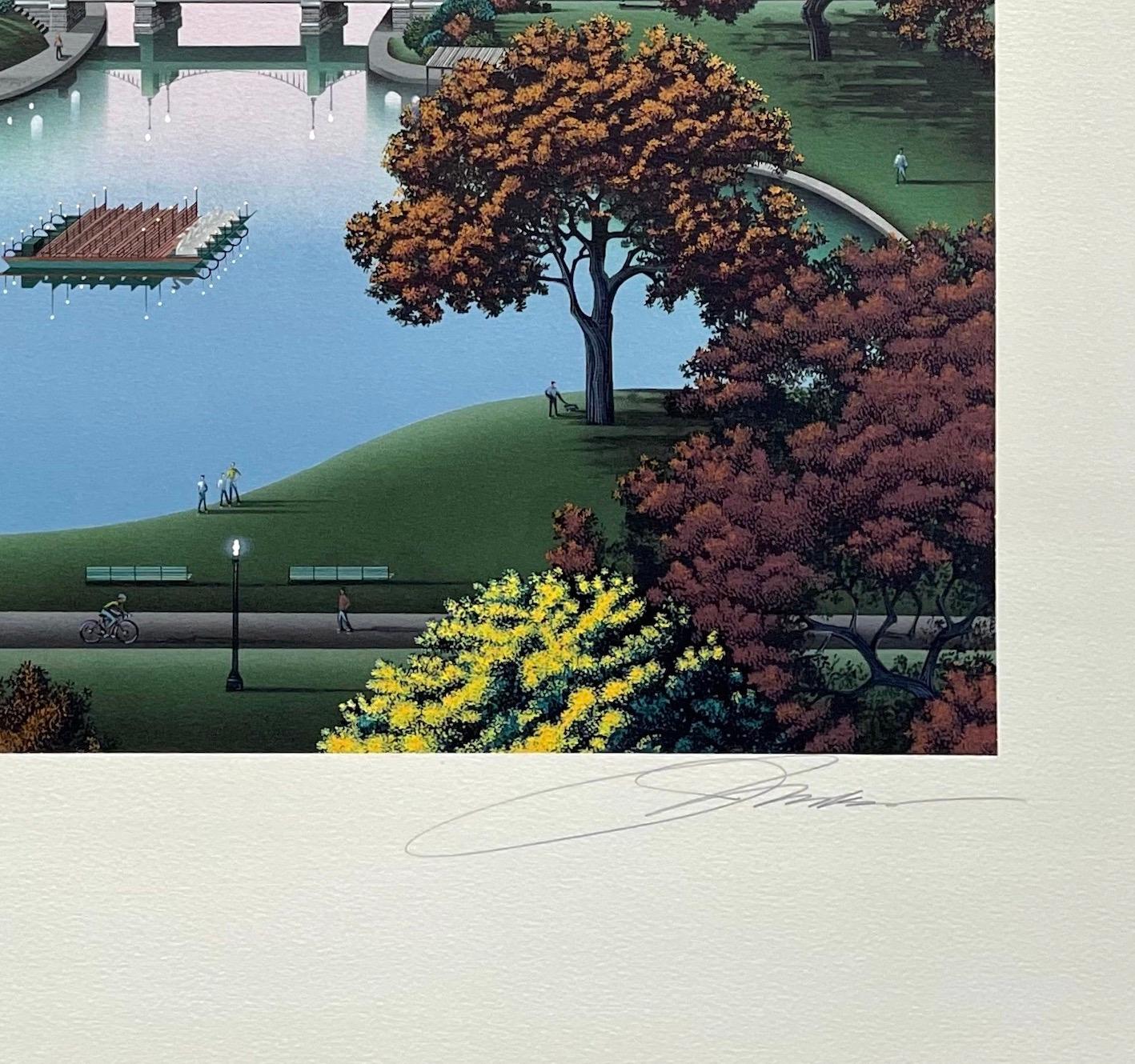 BOSTON PUBLIC GARDEN Signed Lithograph, Boston Park, Fall Foliage, Swan Boat For Sale 1