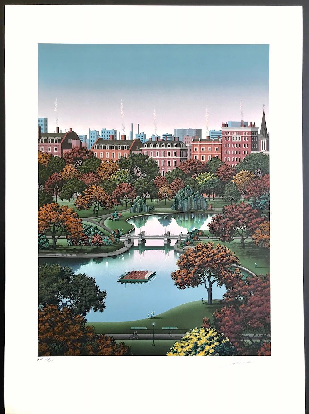 BOSTON PUBLIC GARDEN Signed Lithograph, Boston Park, Fall Foliage, Swan Boat For Sale 1