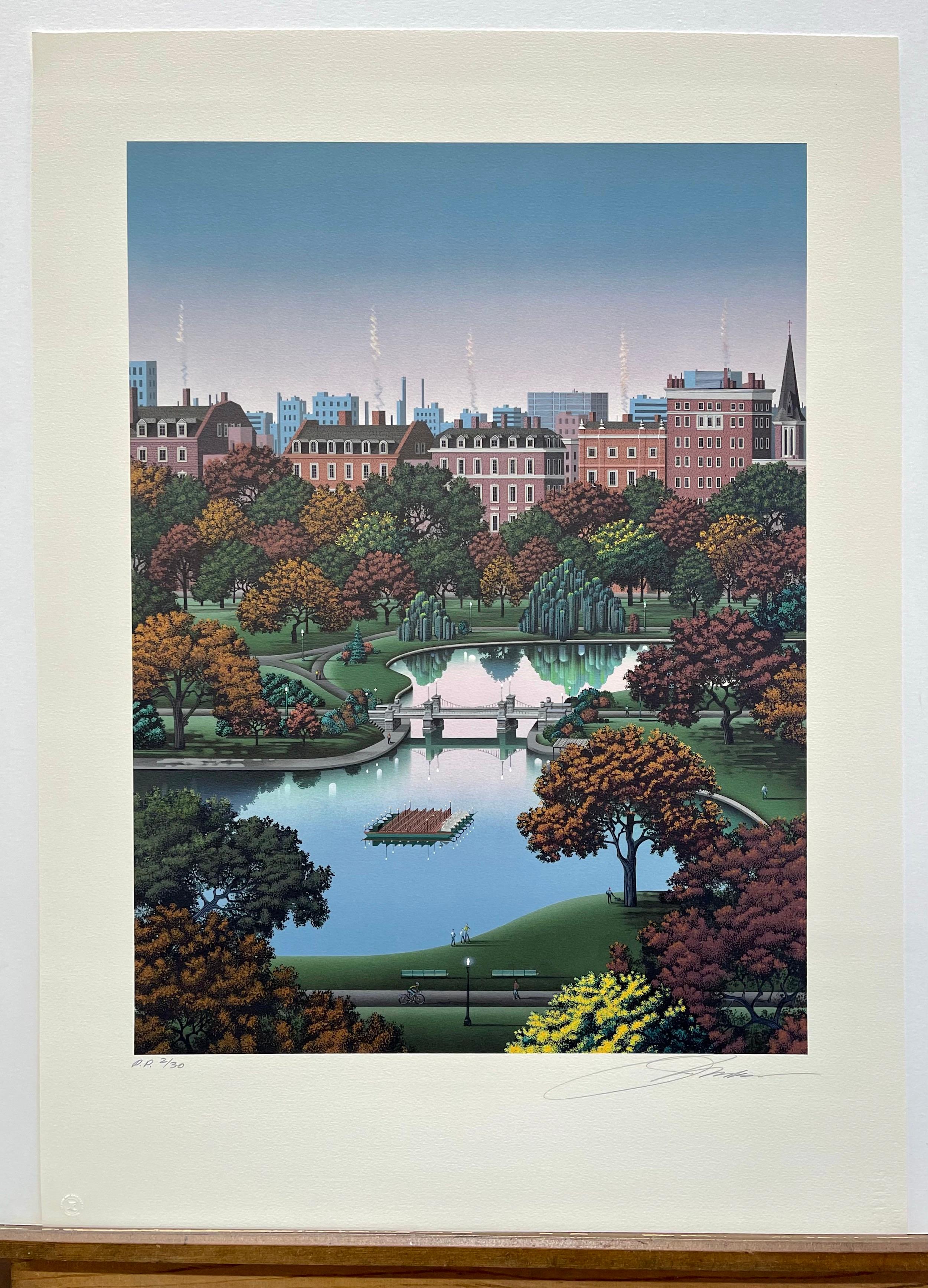 BOSTON PUBLIC GARDEN Signed Lithograph, Boston Park, Fall Foliage, Swan Boat For Sale 2