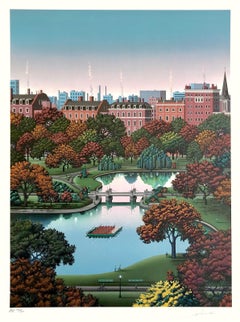Vintage BOSTON PUBLIC GARDEN Signed Lithograph, Boston Park, Fall Foliage, Swan Boat