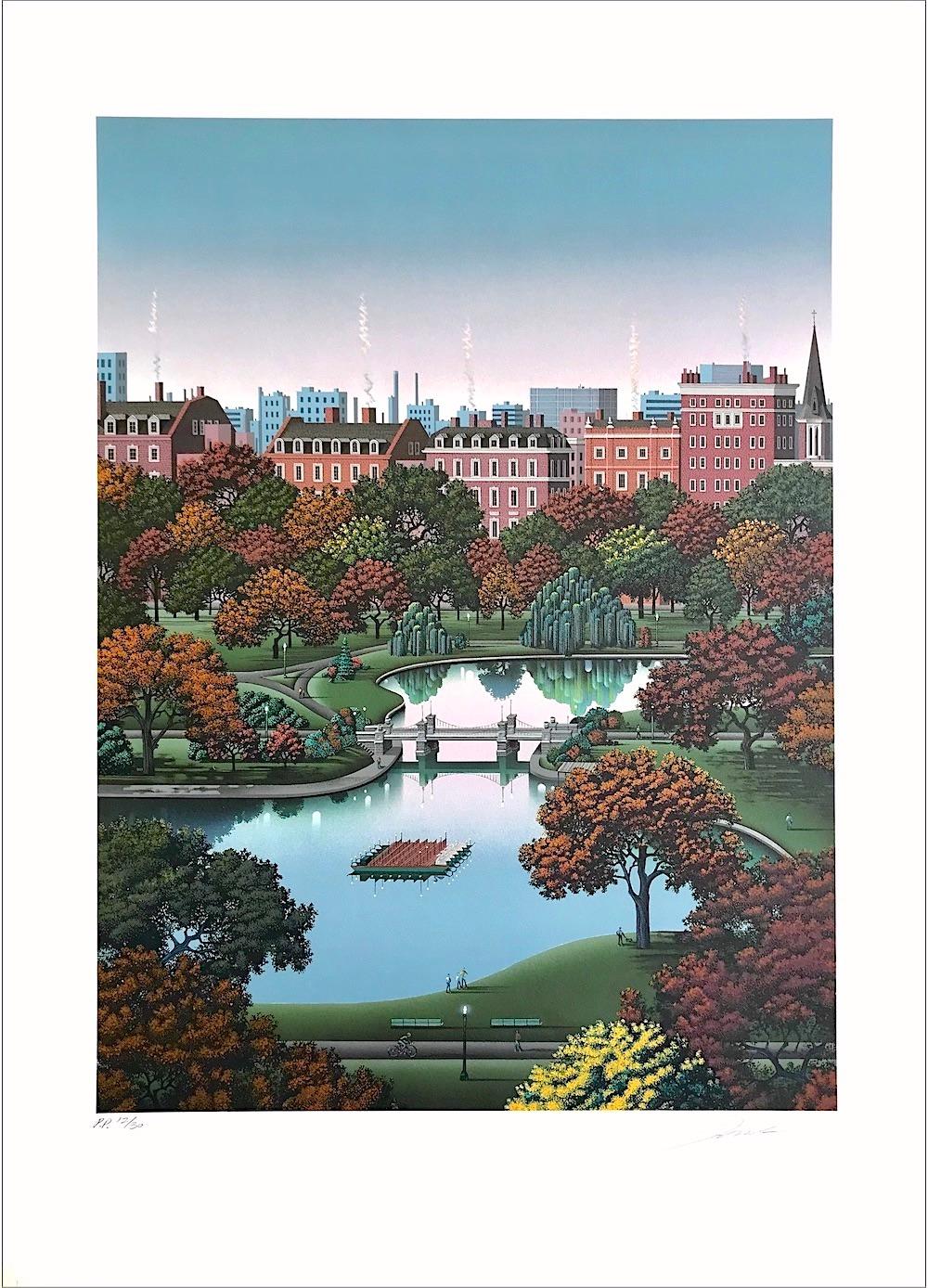 Landscape Print de Jim Buckels - JARDÍN PÚBLICO DE BOSTON Litografía firmada, Parque de Boston, follaje otoñal, barco cisne