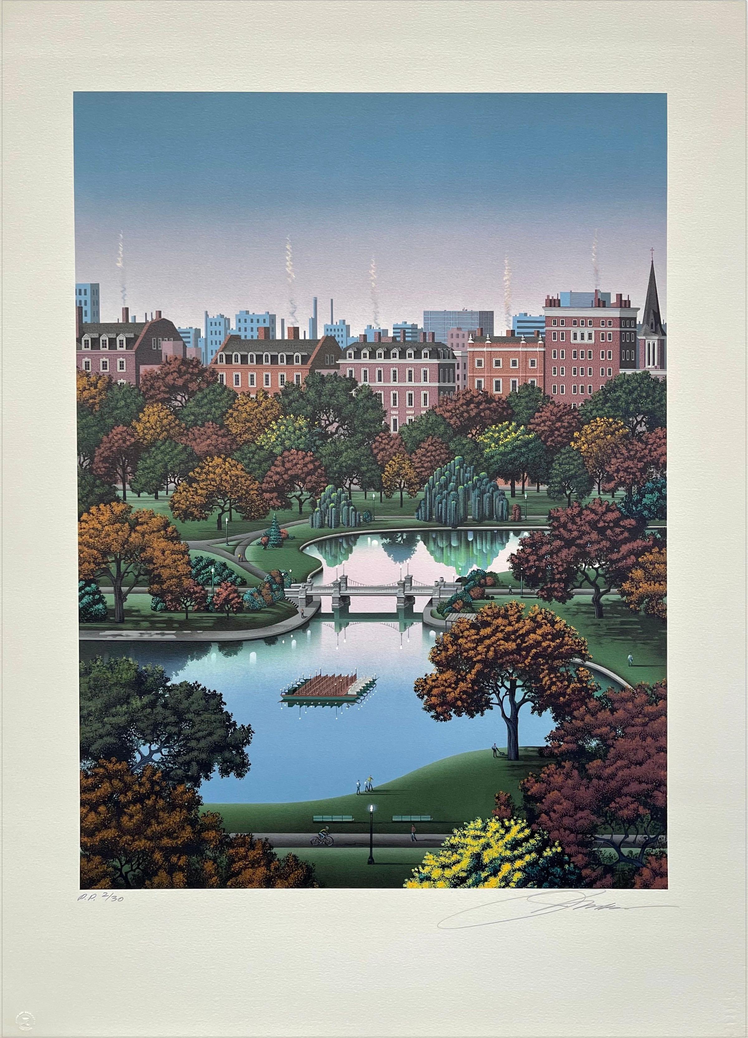 BOSTON PUBLIC GARDEN Signed Lithograph, Boston Park, Fall Foliage, Swan Boat - Print by Jim Buckels