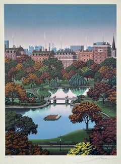 BOSTON PUBLIC GARDEN Signierte Lithographie, Boston Park, Herbstlaub, Swan Boat