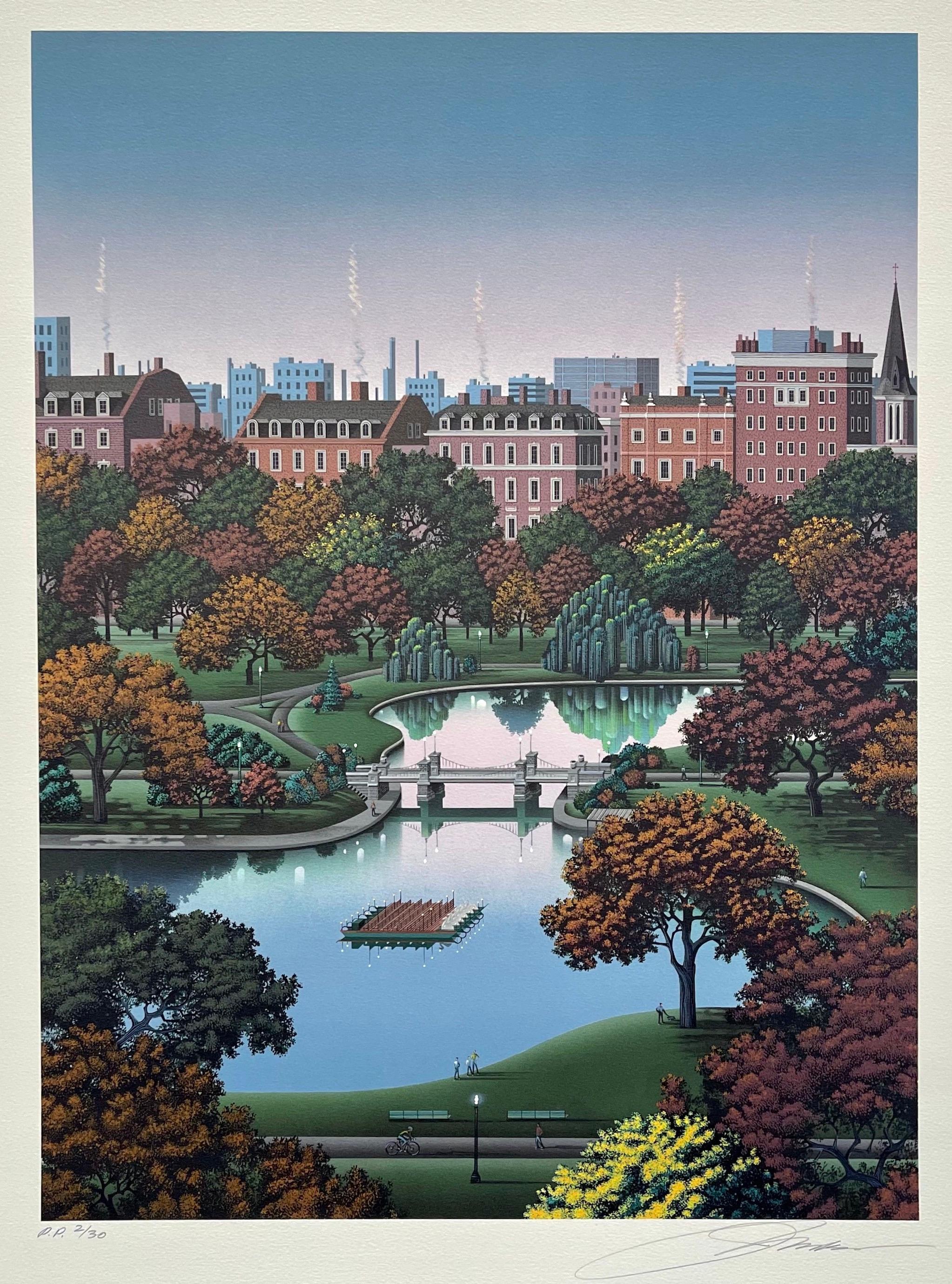Print de Jim Buckels - BOSTON PUBLIC GARDEN Signed Lithograph, Boston Park, Fall Foliage, Swan Boat