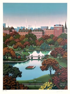 BOSTON PUBLIC GARDEN Signed Lithograph, Boston Park, Fall Foliage, Swan Boat