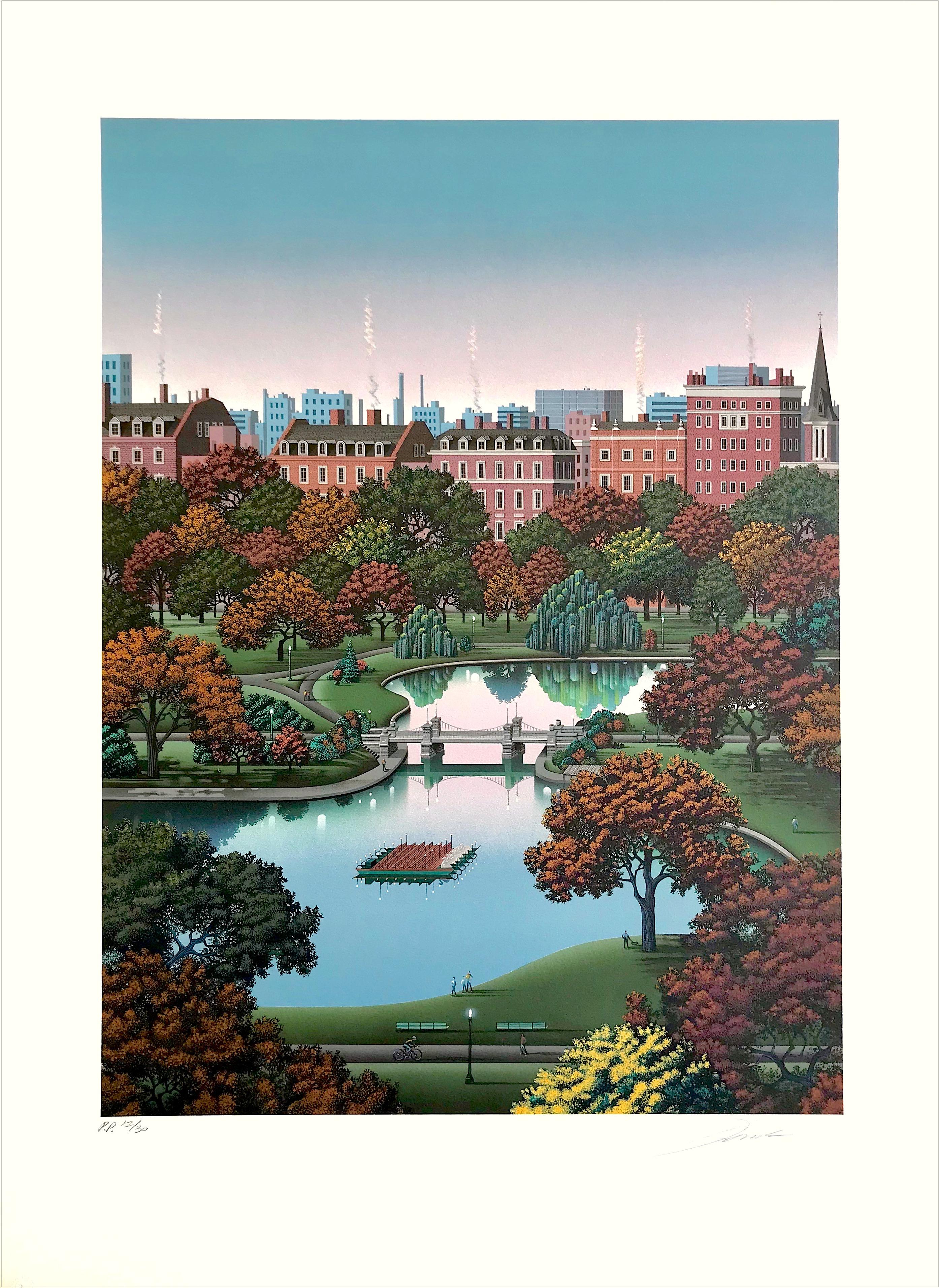 BOSTON PUBLIC GARDEN Signed Lithograph Boston Park Landscape, Swan Boat - Print by Jim Buckels