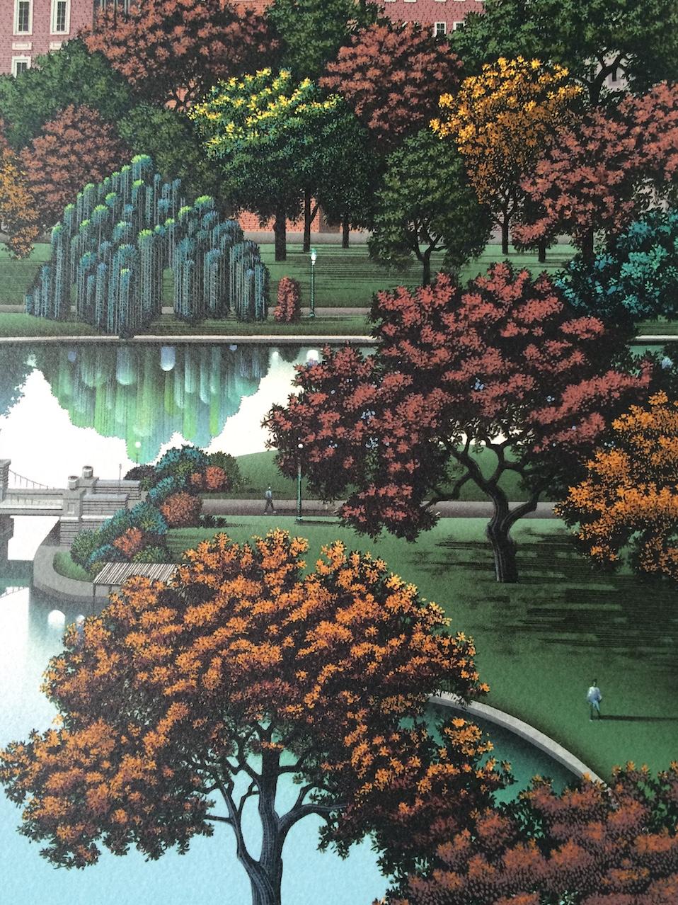 BOSTON PUBLIC GARDEN Signed Lithograph Boston Park Landscape, Swan Boat - Contemporary Print by Jim Buckels