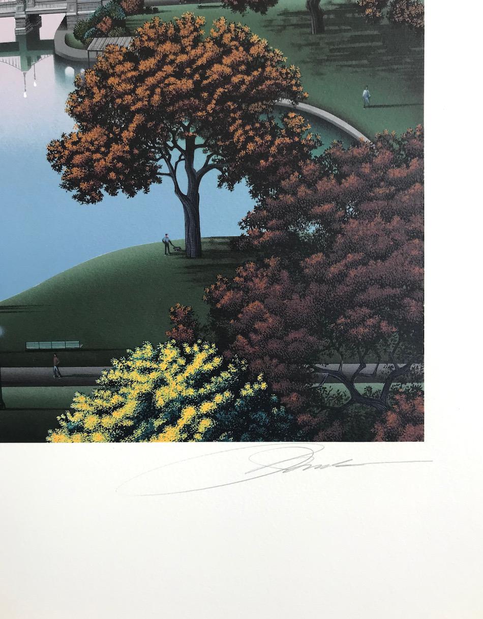 The limited edition lithograph BOSTON PUBLIC GARDEN is a stylized Boston park landscape scene that combines the real and the surreal. Created in 1990 by the Iowa born artist Jim Buckels(b.1948) known for his dream-like images, rendered in a