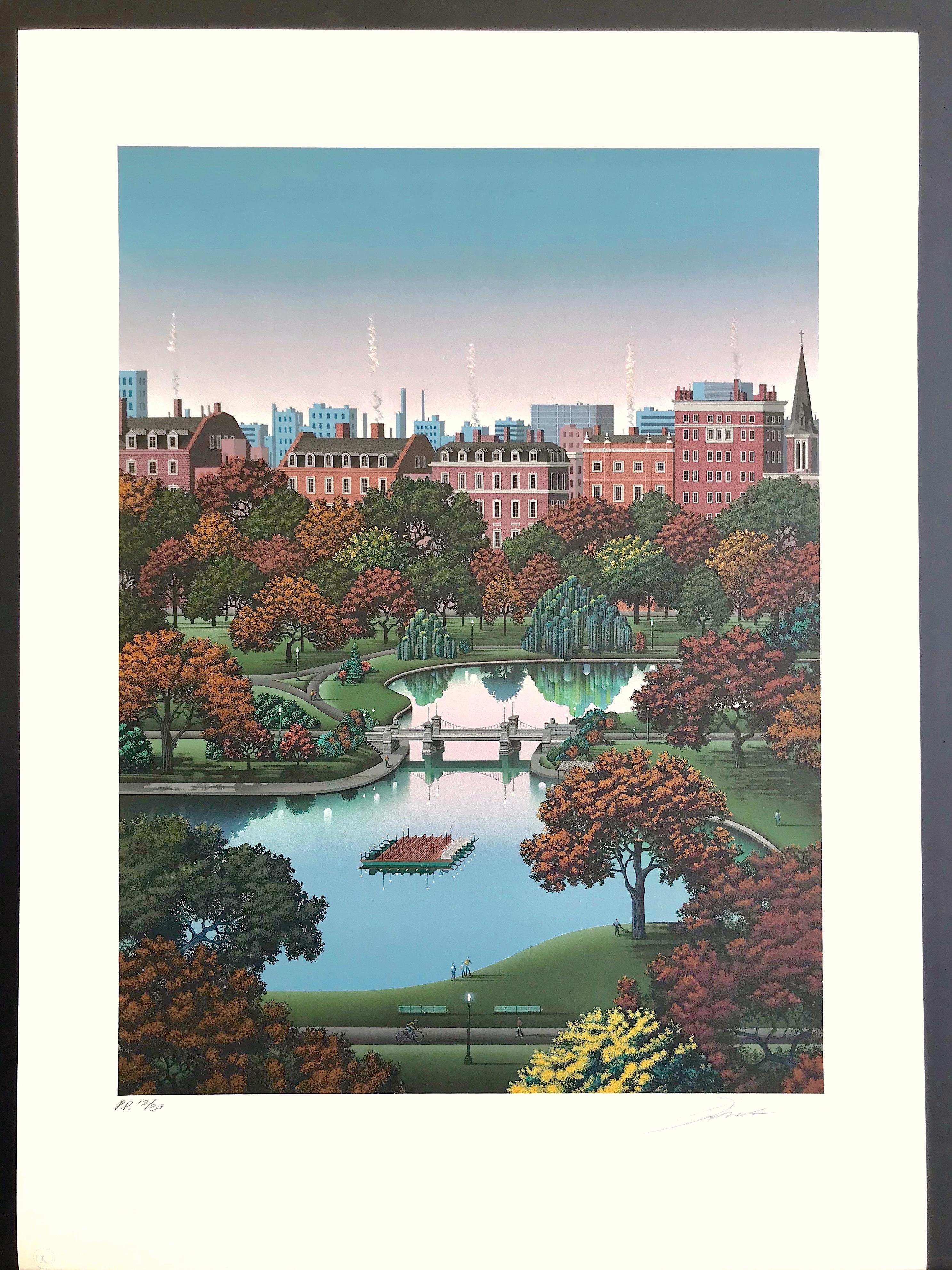 BOSTON PUBLIC GARDEN Signed Lithograph Boston Park Landscape, Swan Boat 1