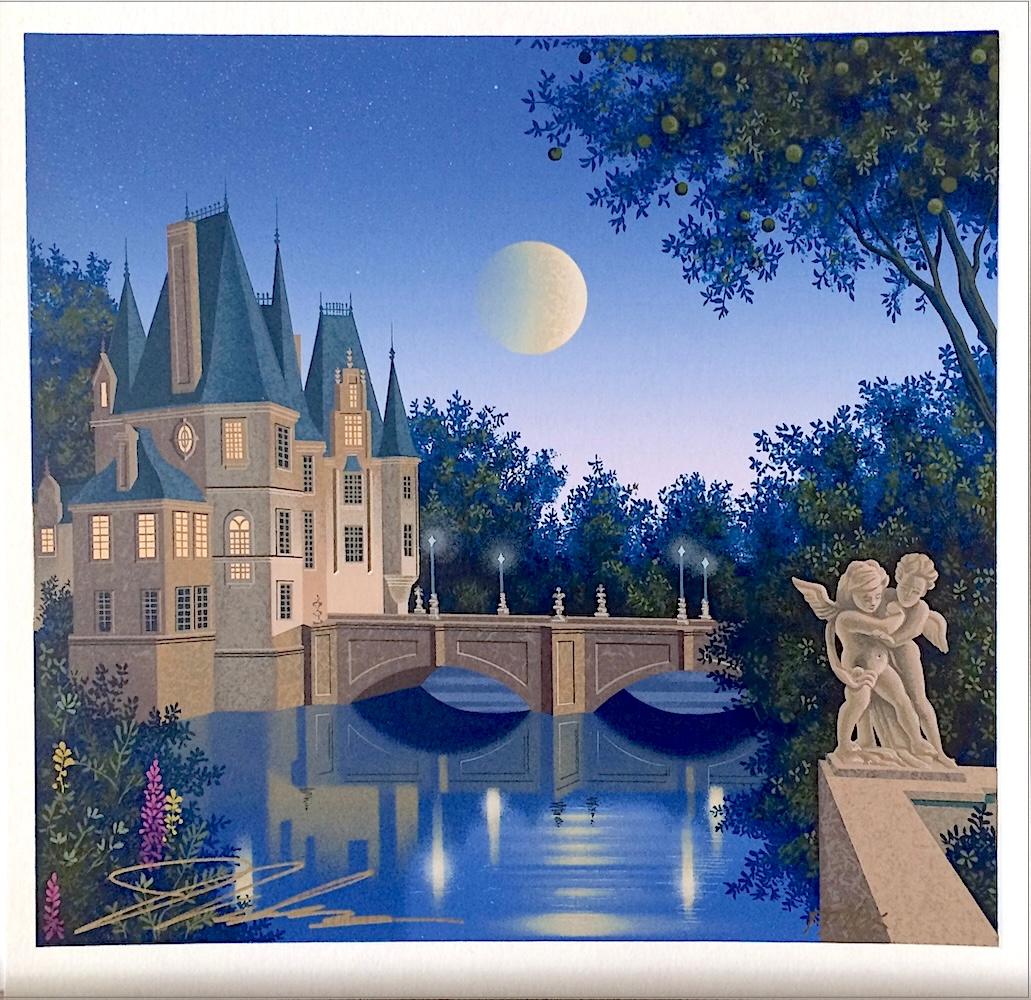 Serigrafia firmata CALVILLE BLANC, Paesaggio architettonico, ponte, luna, cherubini - Print di Jim Buckels