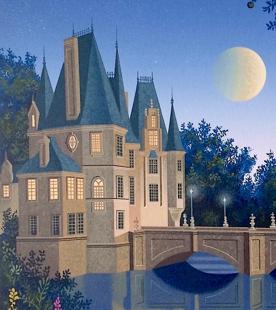 Serigrafia firmata CALVILLE BLANC, Paesaggio architettonico, ponte, luna, cherubini - Landscape Print Blu di Jim Buckels