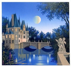 CALVILLE BLANC Serigrafía firmada, Paisaje arquitectónico, Puente, Luna, Querubines