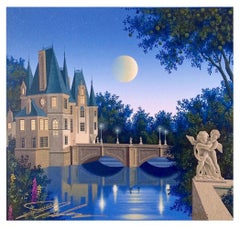 Retro CALVILLE BLANC Signed Serigraph, Châteauesque Architectural Landscape, Cherubs