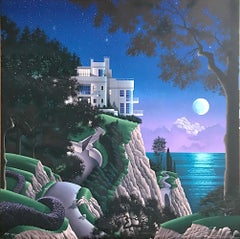 DRUID POINT Signed Lithograph, Deep Blue Night Sky, Modern Cliffside House