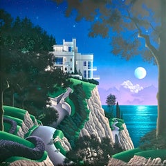 DRUID POINT Lithographie signée, paysage du soir, architecture moderne, lune