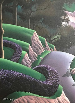 DRUID POINT Signed Lithograph, Fantasy Landscape, Modern Cliffside House