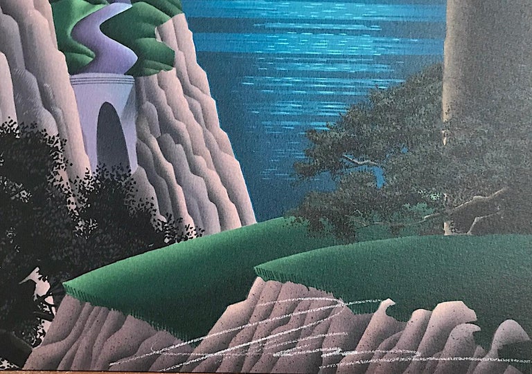 DRUID POINT Signed Lithograph, Fantasy Landscape, Modern Cliffside House - Contemporary Print by Jim Buckels