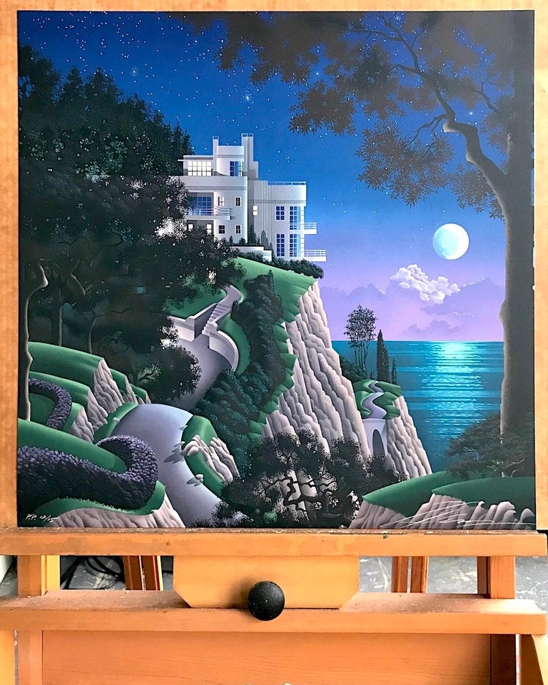 DRUID POINT Signed Lithograph, Fantasy Landscape, Modern Cliffside House - Blue Print by Jim Buckels