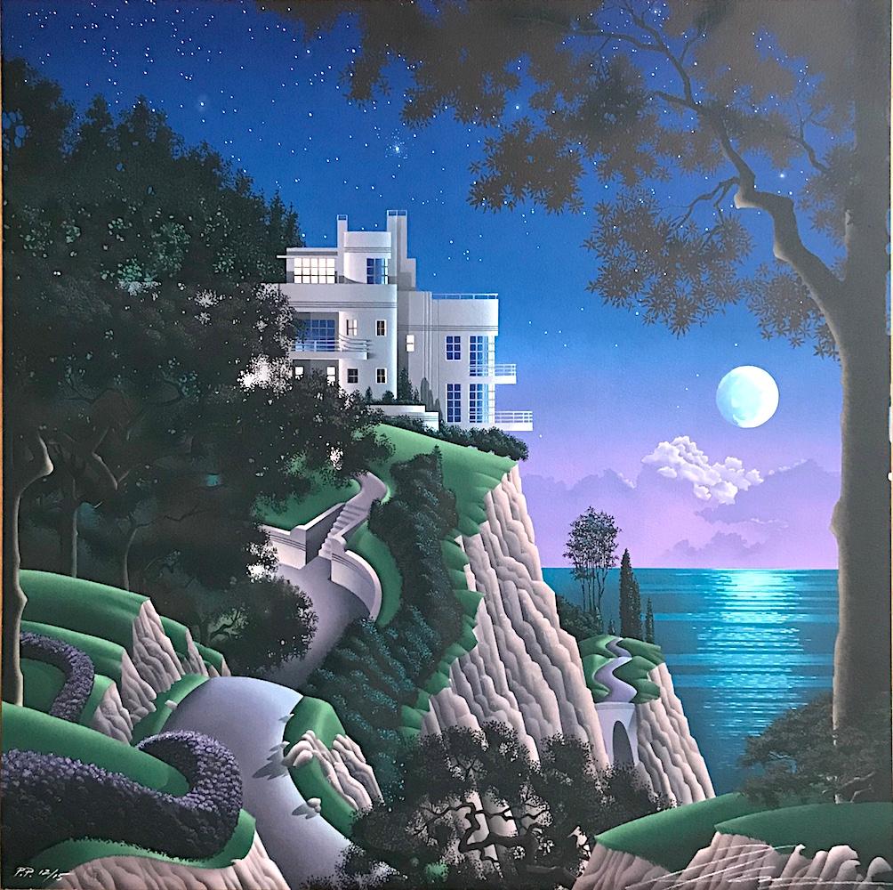 Print Jim Buckels - Lithographie signéeDRUID POINT, paysage fantastique, maison de Cliffside moderne, Moon
