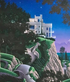 DRUID POINT Litografía firmada, Paisaje nocturno, Arquitectura moderna, Luna