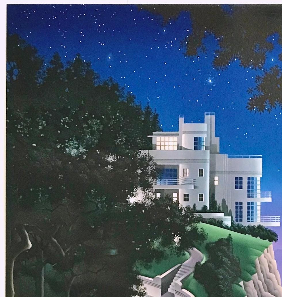 DRUID POINT Litografia firmata, Paesaggio fantastico, Casa moderna sulla scogliera, Luna - Print Contemporaneo di Jim Buckels
