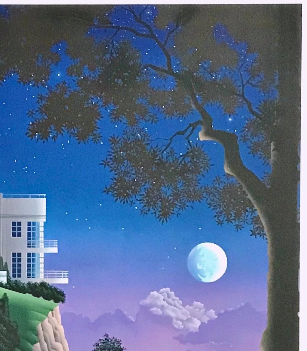 DRUID POINT Litografia firmata, Paesaggio fantastico, Casa moderna sulla scogliera, Luna - Landscape Print Blu di Jim Buckels