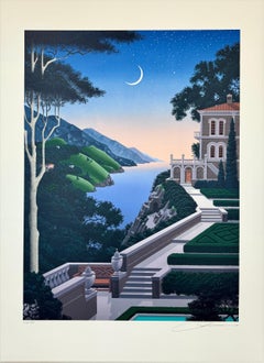 GIARDINO SEGRETTO Signed Lithograph Lakeside Villa Mediterranean Landscape, Moon