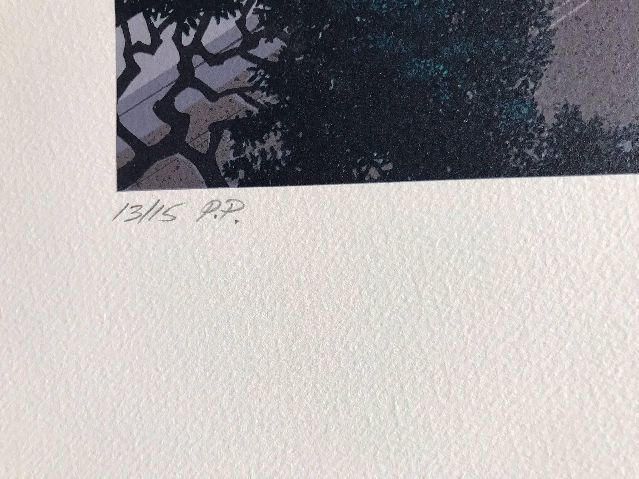 GIARDINO SEGRETTO Signed Lithograph Lakeside Villa Mediterranean Landscape, Moon - Gray Landscape Print by Jim Buckels