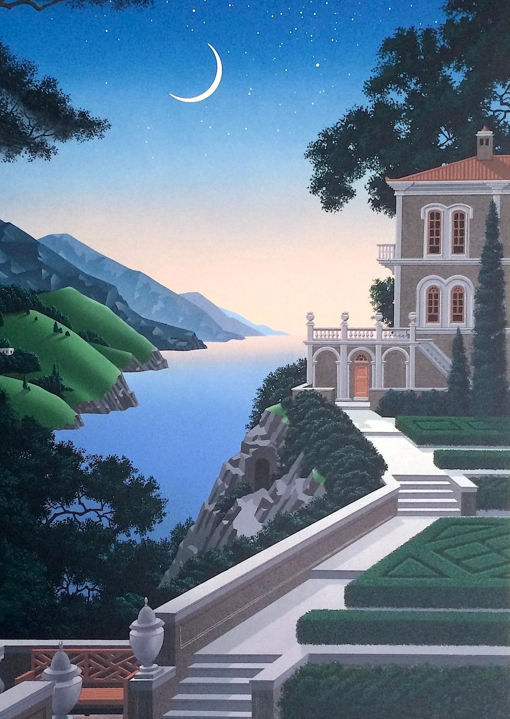 GIARDINO SEGRETTO es una litografía dibujada a mano en edición limitada, creada en 1988 por el artista Jim Buckels, nacido en Iowa y conocido por sus imágenes oníricas. GIARDINO SEGRETTO se realizó con técnicas modernas y meticulosas de aerografía y