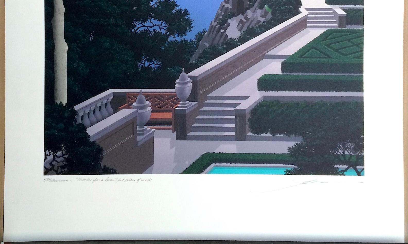 GIARDINO SEGRETTO Litografía firmada Villa lacustre Paisaje mediterráneo, Luna en venta 2