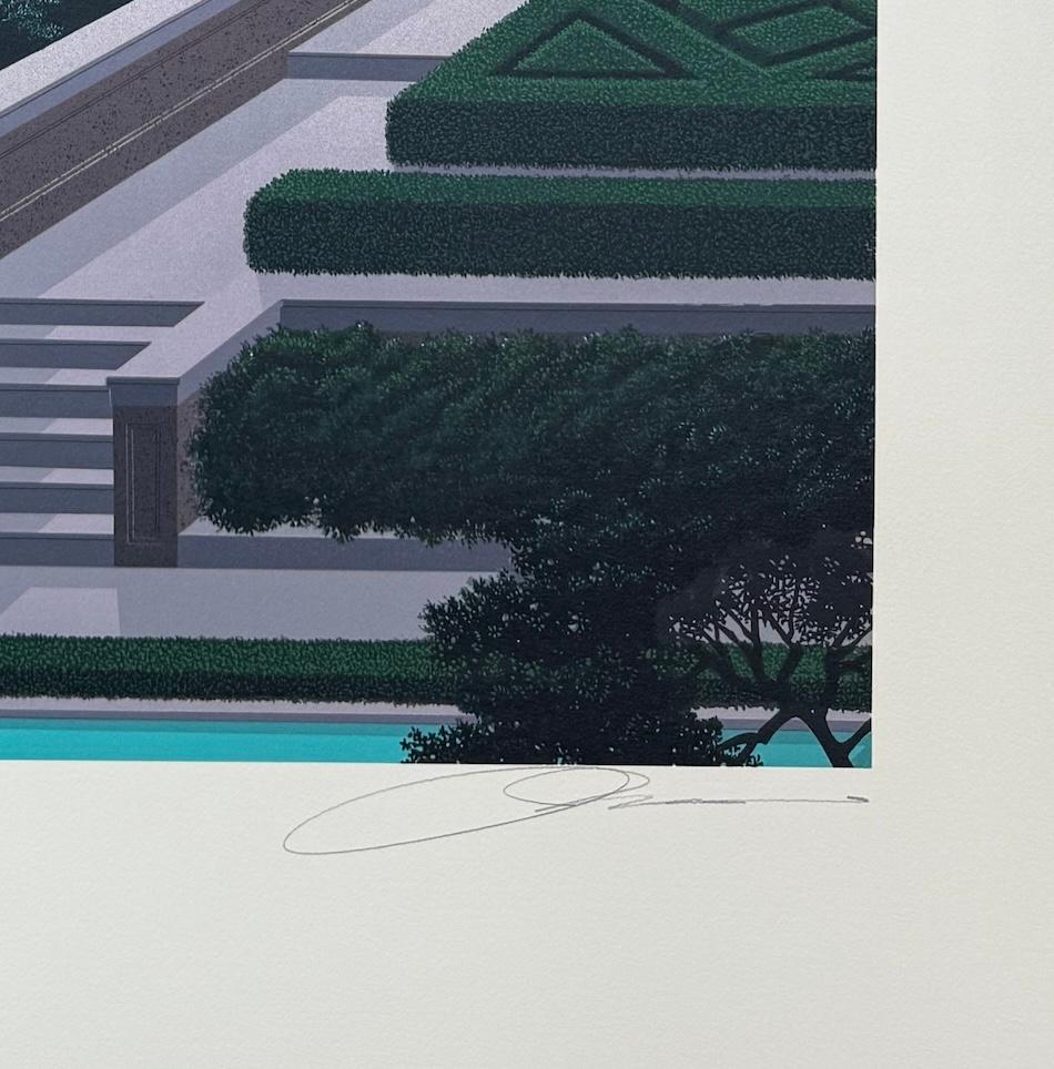GIARDINO SEGRETTO Litografía firmada Villa lacustre Paisaje mediterráneo, Luna en venta 3
