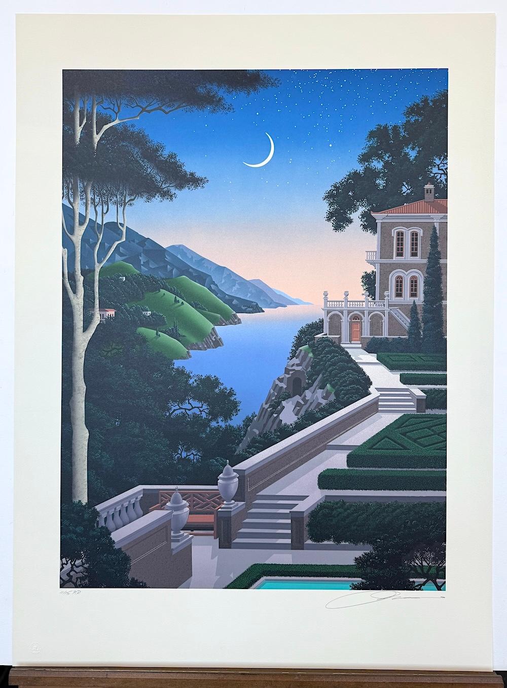 GIARDINO SEGRETTO Litografía firmada Villa lacustre Paisaje mediterráneo, Luna en venta 4